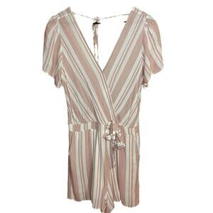 Mm mm mm White Striped Dusty Pink V‎ Neck Adjustable Romper Women's Large